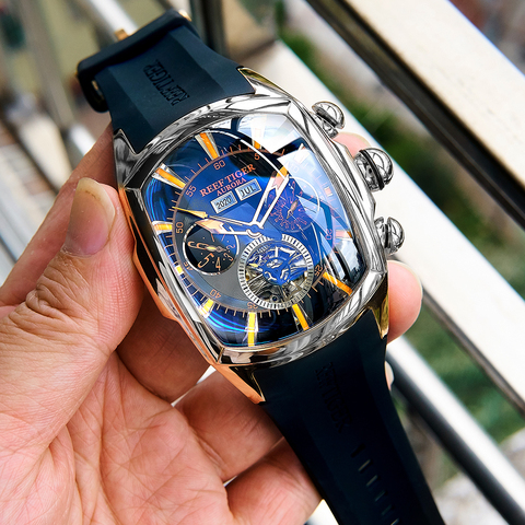 Дизайнерские спортивные часы Reef Tiger/RT с турбийоном, из нержавеющей стали, с резиновым ремешком и синим циферблатом, автоматические часы RGA3069 ► Фото 1/6
