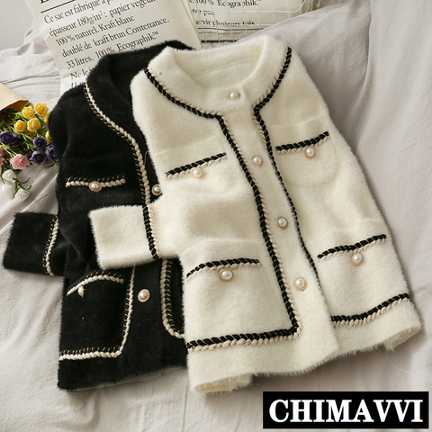 2022 New Mink Cashmere Loose Sweater Cardigan Jacket Women Autumn and Winter Short Bright Silk Stripe Thickened Knitted Top Coat ► Фото 1/6
