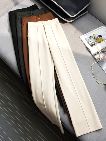 Осенние и зимние женские широкие брюки с завышенной талией, прямые шерстяные брюки, универсальные Свободные повседневные брюки ► Фото 1/6