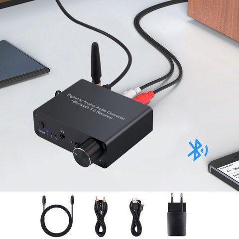 Цифро-аналоговый преобразователь 192 кГц, Bluetooth DAC с усилителем для наушников, регулятор громкости, оптический коаксиальный переходник на RCA 3,... ► Фото 1/6