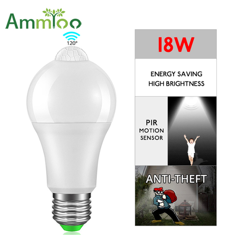 Светодиодные лампы с пассивным ИК датчиком движения AmmToo E27 B22, 12 Вт, 16 Вт, автоматическая светодиодная лампа ВКЛ/выксветодиодный, чувствительный датчик движения человеческого тела, ночсветильник ► Фото 1/6