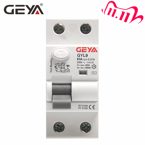 Бесплатная доставка, автоматический выключатель GEYA GYL9 AC типа RCCB остаточного тока AC ELCB 2-полюсный 25A 40A 63A 80A 100A RCD 30mA 100mA 300mA ► Фото 1/6