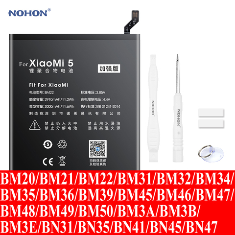 Nohon Батарея для Xiaomi Mi 5 2 2s 4 BM22 Mi 5 BM20 Mi4 BM32 Mi5s BM36 Mi6 BM39 MiNote BM21 Mi4c BM35 Redmi Note2 BM45 3s/3x/4x BM47 MiNote2 BM48 MiMax BM49 MiMax2 BM50 BM3A BM3B Mi8 BM3E Mi5X BN31 BN35 BN41 BN45 BN47 ► Фото 1/6