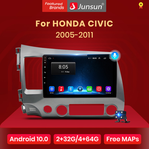 Мультимедийная система Junsun V1 для Honda Civic, стерео-проигрыватель на Android 10,0, 2 Гб ОЗУ, 32 Гб ПЗУ, с GPS Навигатором, видеоплеером, без dvd, для Honda Civic 8, 2005-2011, типоразмер 2 din ► Фото 1/6