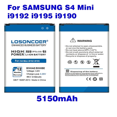 Аккумулятор LOSONCOER B500BE / B500AE для Samsung S4 Mini, батарея для GALAXY S4 S4mini i9192 i9198 i9190 i9195, 5150 мАч ► Фото 1/5