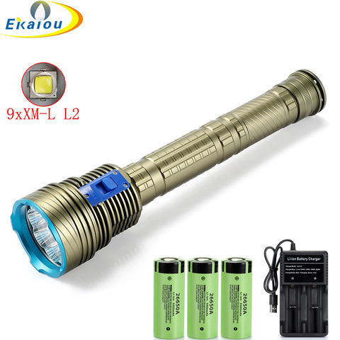 Светодиодный фонарик для дайвинга 9xXM-L L2, мощный профессиональный фонарик для дайвинга с аккумулятором 3x26550 и зарядным устройством USB ► Фото 1/6