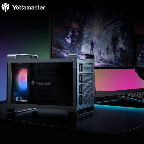 Алюминиевый корпус Yottamaster 4 Bay для жесткого диска 2,5 дюйма и 3,5 дюйма USB3.0 с вентилятором 80 мм RGB, 4X16TB для ПК DIY экспертов и геймеров-[DF4U3] ► Фото 1/6