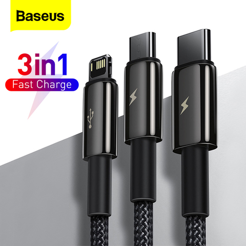 Baseus 3 в 1 USB Type C кабель для iPhone 12 Pro Max Micro USB Android мобильный телефон кабель для Samsung Xiammi USBC провод для передачи данных Шнур ► Фото 1/6