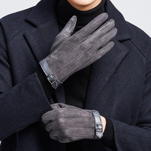 Зимние Замшевые мужские перчатки, сохраняющие тепло, плюс бархат, утолщенный сенсорный экран для верховой езды, альпинистские ветрозащитны... ► Фото 1/6