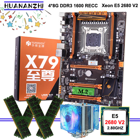 Игровая материнская плата HUANANZHI X79 Deluxe, в продаже, процессор Xeon E5 2680 V2 с радиатором ЦП, большой бренд, оперативная память 32 Гб (4*8 ГБ) RECC ► Фото 1/6