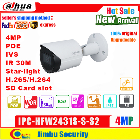 Сетевой видеорегистратор Dahua IP камера 4mp POE IPC-HFW2431S-S-S2 H.264 & H.265, ночное видение ИК возможностью погружения на глубину до 30 м SD Разъем карты, круглые инфракрасные сетевые камеры P67, PoE капельницы cctv ► Фото 1/6