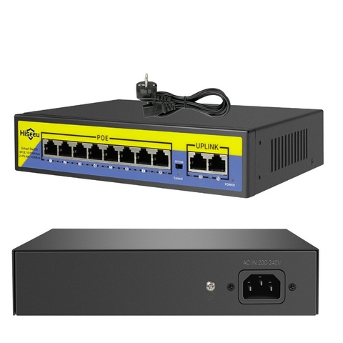 48V коммутатор питания через Ethernet 8 Порты 2 Uplink 10/100 Мбит/с IEEE 802,3 af/at для IP Камера/камера видеонаблюдения системы безопасности Камера системы/Бе... ► Фото 1/6