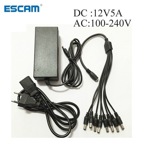 Адаптер питания Escam DC 12 В, 5 А + 8 раздельных кабелей питания для камер видеонаблюдения, аналоговые AHD TVI CVI камеры, DVR системы ► Фото 1/6