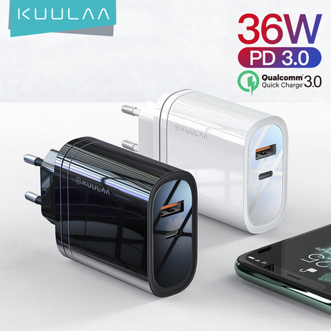 KUULAA Зарядное устройство USB 36 Вт Quick Charge 4,0 PD 3,0 кабель с разъемом USB типа C для быстрой зарядки для iPhone Xiaomi портативный мобильный телефон зарядн... ► Фото 1/6