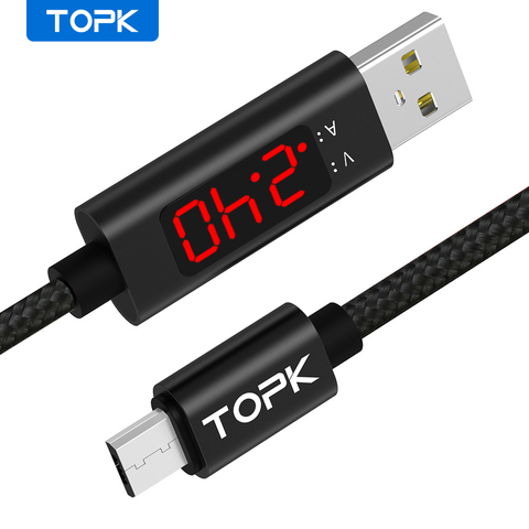 TOPK 1 м (3,28 фута) Кабель Micro USB для зарядки и передачи данных, светодиодный цифровой дисплей напряжения и тока, usb-кабель в нейлоновой оплетке дл... ► Фото 1/6