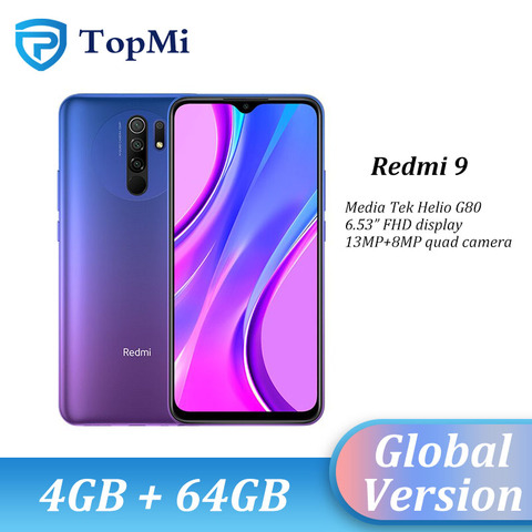 Глобальная версия Xiaomi Redmi 9 мобильный телефон, 4 Гб RAM, 64 ГБ ROM, Helio G80 Octa Core 13MP AI камера 6,53 