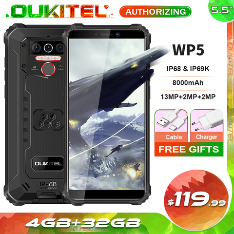 OUKITEL WP5 5,5 ''8000 мА/ч, IP68 Водонепроницаемый смартфон, 4 Гб оперативной памяти, 32 Гб встроенной памяти, 4 ядра тройные камеры Android 9,0 мобильный телефон 5V/2A ► Фото 1/6