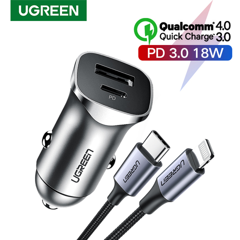 Автомобильное зарядное устройство UGREEN PD Quick Charge 4,0 3,0 QC, USB зарядное устройство для Xiaomi QC4.0, QC3.0, 18 Вт, Type C PD, автомобильная зарядка для iPhone 11 X Xs 8 ► Фото 1/6