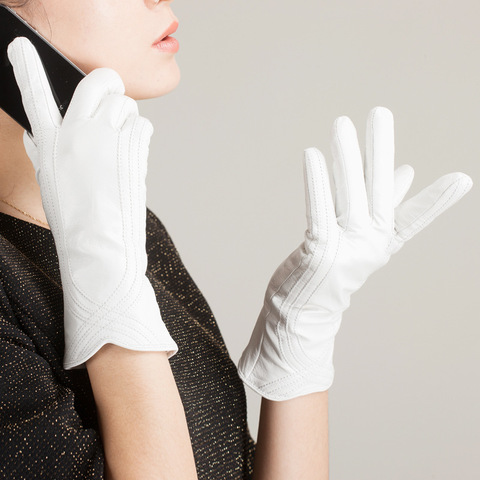 Женские кожаные перчатки, зимние теплые кремово-белые перчатки для вождения из натуральной кожи ► Фото 1/6
