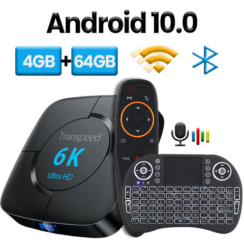 Transpeed Android 10,0 телевизионная коробка с Bluetooth Google голосовой помощник 6K 3D Wifi 2,4G и 5,8G 4 Гб ОЗУ 64 Гб Play Store очень быстрая коробка ► Фото 1/6