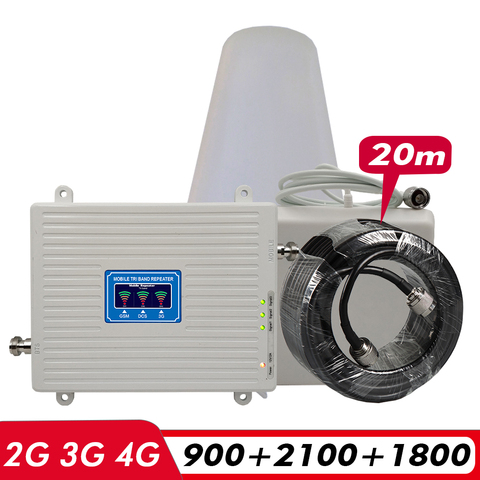 Трехдиапазонный ретранслятор GSM 2G 3G 4G 900 МГц + DCS/LTE 1800(B 3)+ UMTS/WCDMA 2100(B1), усилитель мобильного сигнала, комплект антенн сотового усилителя ► Фото 1/5