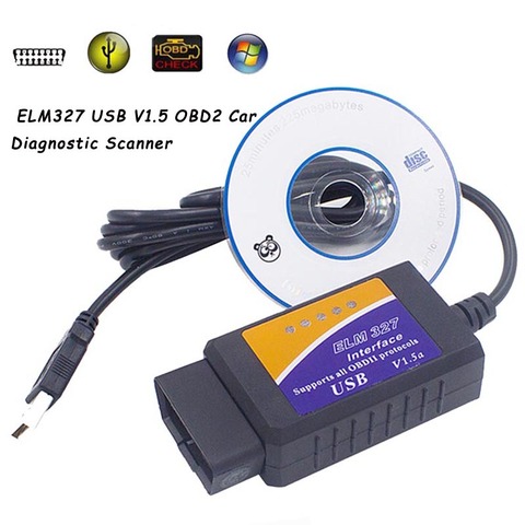 Диагностический инструмент ELM 327 V1.5 OBD 2 ELM327, USB интерфейс, сканер CAN-BUS, кабельный код, поддержка карт OBD-II ► Фото 1/6