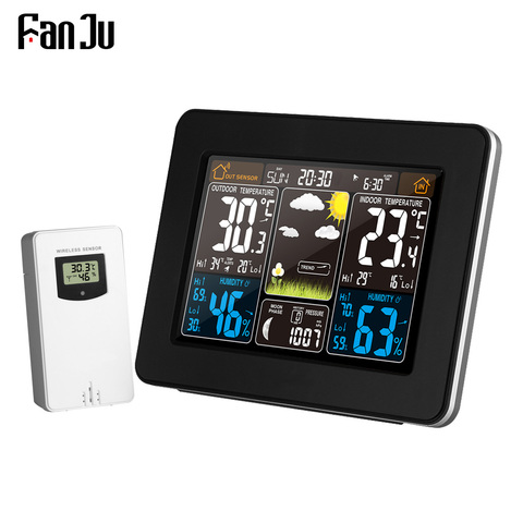 Домашняя метеостанция FanJu FJ3365, беспроводной цифровой термометр, гигрометр, будильник, барометр, прогноз погоды с цветным экраном ► Фото 1/6