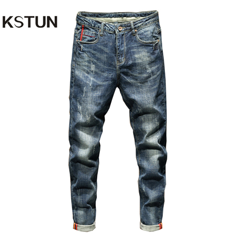 Мужские облегающие джинсы KSTUN, синие эластичные модные дизайнерские джинсы в стиле ретро с карманами, модель 2022 на осень и зиму ► Фото 1/6