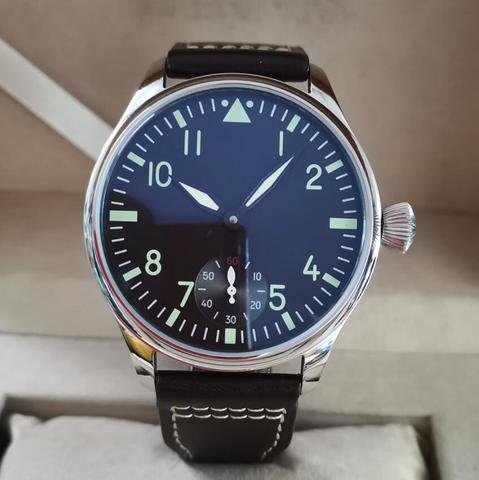 GEERVO No logo Pilot manual mechanical men's Watch 44mm Black dial green number coffee strap Seagull ST3621 movement G112 ► Фото 1/6