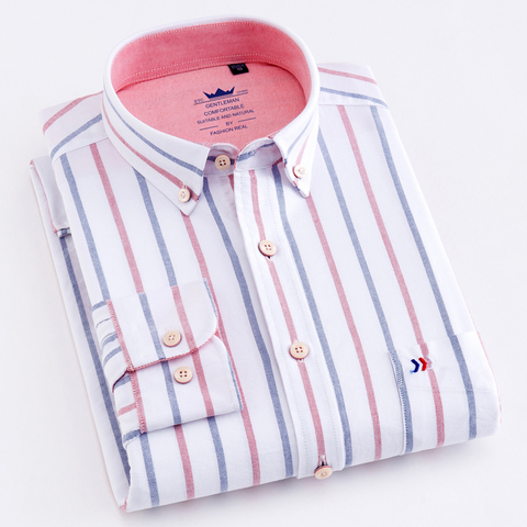 Мужская Повседневная рубашка из 100% хлопка, Классическая рубашка в полоску из ткани Оксфорд, с одним накладным карманом и длинными рукавами, ... ► Фото 1/6