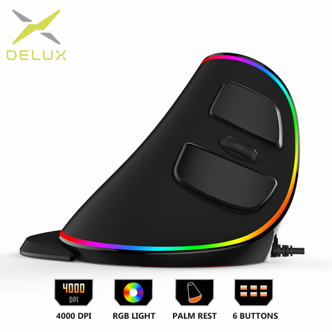 Delux M618Plus RGB эргономичная Вертикальная мышь с 6 кнопками 4000 DPI оптическая компьютерная мышь со съемной подставкой для рук для ПК ноутбука ► Фото 1/6