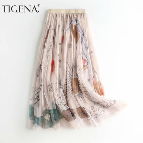 Женская фатиновая юбка-макси TIGENA, длинная Плиссированная Юбка трапециевидной формы в Корейском стиле с красивым принтом и высокой талией, цвет розовый, черный, 90 см ► Фото 1/6