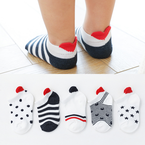 5 пар/лот, милые короткие носки для малышей, От 0 до 2 лет, красные хлопковые сетчатые носки с сердечками для девочек, милые белые носки для нов... ► Фото 1/6