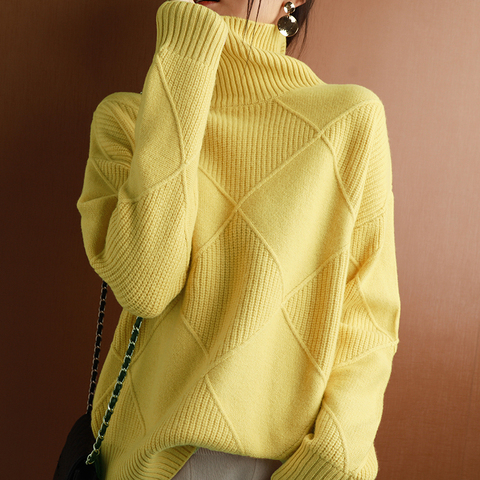 Женский кашемировый свитер с высоким воротником, однотонный вязаный пуловер с высоким воротником, свободный свитер из 100% чистой шерсти большого размера для женщин ► Фото 1/1