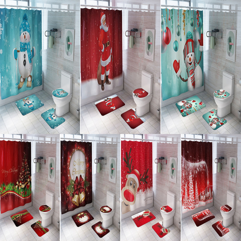 Рождественский комплект для ванной комнаты с изображением снеговика Санта-Клауса лося, водонепроницаемая занавеска для душа, коврик для ун... ► Фото 1/6