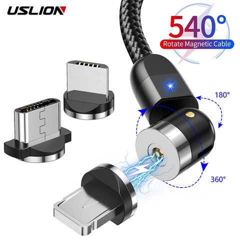 Новинка 2022, магнитный кабель USLION с поворотом на 540 градусов, кабель Micro USB Type-C, Магнитный зарядный кабель для iPhone 11 Pro Max, линия передачи данных ► Фото 1/6