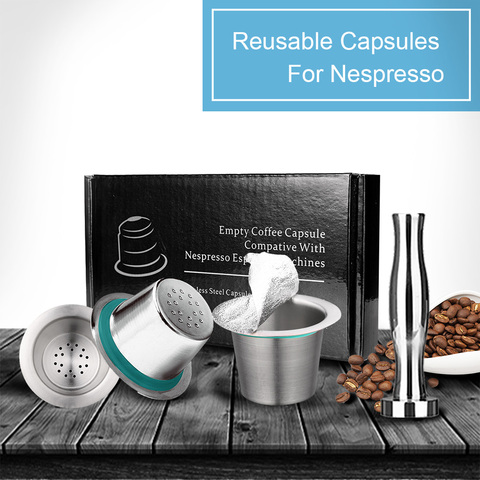 7 шт./компл. Нержавеющая Сталь Nespresso многоразовые кофе КАПСУЛЫ КОФЕ тампер многоразовый фильтр чашки Nespresso машины чайник Pod ► Фото 1/6