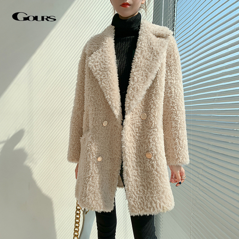 Женское длинное пальто GOURS, черное теплое пальто из натуральной овчины, с натуральным мехом, LD2517, зима 2022 ► Фото 1/6