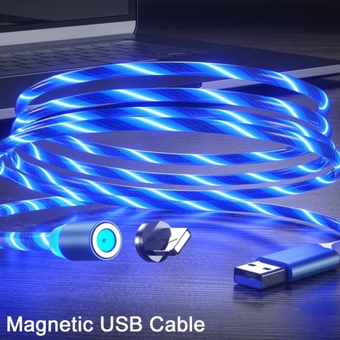 Магнитный светодиодный струящийся USB Яркий кабель Micro usb Type C светящиеся осветительные кабели для iPhone Xiaomi huawei 1 м светящийся шнур зарядного устройства ► Фото 1/6