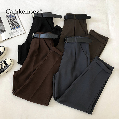 CamKemsey офисные женские брюки для работы и отдыха 2022, корейские однотонные весенне-осенние повседневные шаровары до щиколотки с высокой талией ► Фото 1/6