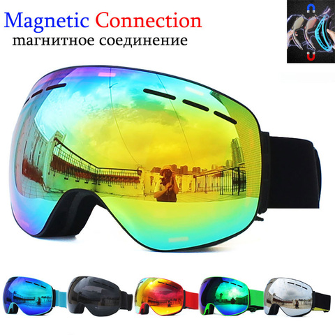 Лыжные очки с магнитными двухслойными линзами, незапотевающие лыжные очки UV400, очки для сноуборда для мужчин и женщин, мужские лыжные очки, очки ► Фото 1/6