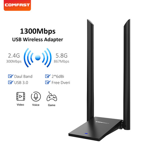 COMFAST 5,8 GHz Usb WiFi адаптер 1300 Мбит/с 802.11ac междугородний WIFI приемник 2 * 6dBi антенны двухдиапазонный CF-WU782AC ► Фото 1/6