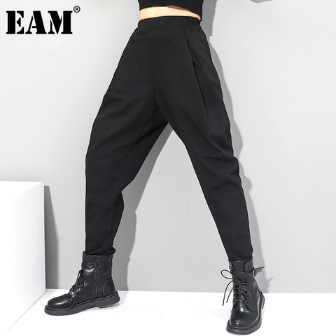 [EAM] Черные Короткие Длинные шаровары с высокой эластичной талией, новые свободные женские брюки, модные весенне-осенние 2022 1DC419 ► Фото 1/6