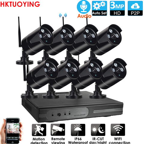 Plug & play 8CH 3MP HD аудио беспроводной NVR комплект P2P 3,0 P Крытый Открытый ИК ночного видения безопасности 3.0MP IP камера WIFI CCTV система ► Фото 1/6