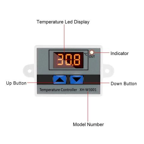 Цифровой светодиодный регулятор температуры W3001, 220 В перем. Тока, 12 В, 24 В, термометр, термо контроллер, переключатель Probe Max 10A NTC10K ► Фото 1/6
