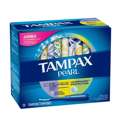 50 шт. Tampax жемчужные тампоны, хлопковая сердцевина, легкая, обычная супервпитывающая способность, гладкий катетер, неароматизированный тамп... ► Фото 1/6