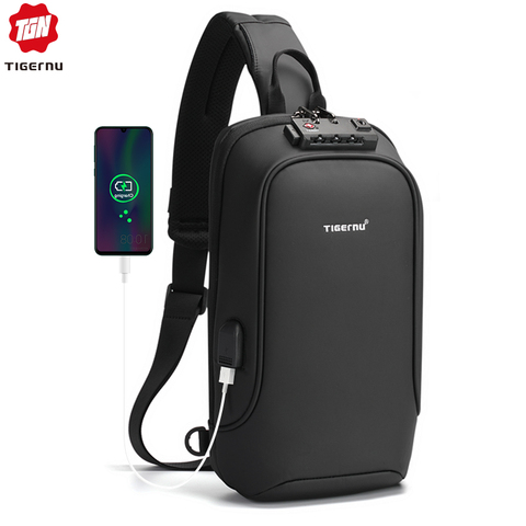 Нагрудная сумка Tigernu мужская с USB-зарядкой, брызгозащищенная Сумочка с RFID-защитой, уличный портфель для коротких поездок ► Фото 1/6