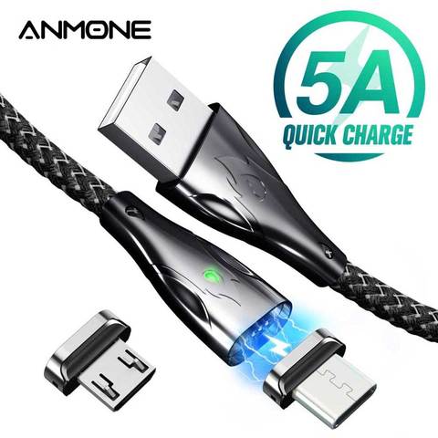 Магнитный кабель ANMONE 5A Type-C, магнит, кабель Micro USB для телефона, цинк, Сверхбыстрая зарядка, Type-C, для Redmi, LG, Moto, зарядный шнур, 1 м, 2 м ► Фото 1/6