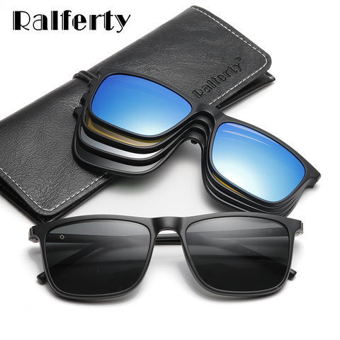 Ralferty, магнитные солнцезащитные очки для мужчин, 5 в 1, поляризационные, на клипсах, солнцезащитные очки для женщин и мужчин, квадратные солнце... ► Фото 1/6