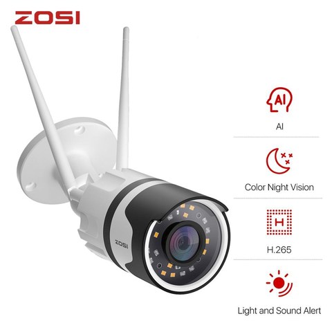 ZOSI 1080p Наружная беспроводная Wi-Fi IP камера наблюдения H.265 с прожектором, водонепроницаемая камера, цветное ночное видение, ИИ обнаружение люд... ► Фото 1/6